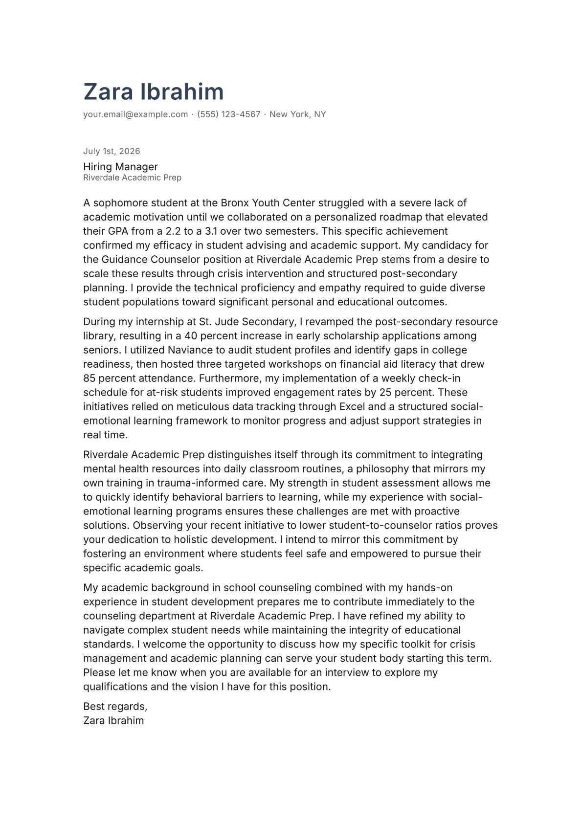 Guidance Counselor cover letter in the Minimal design