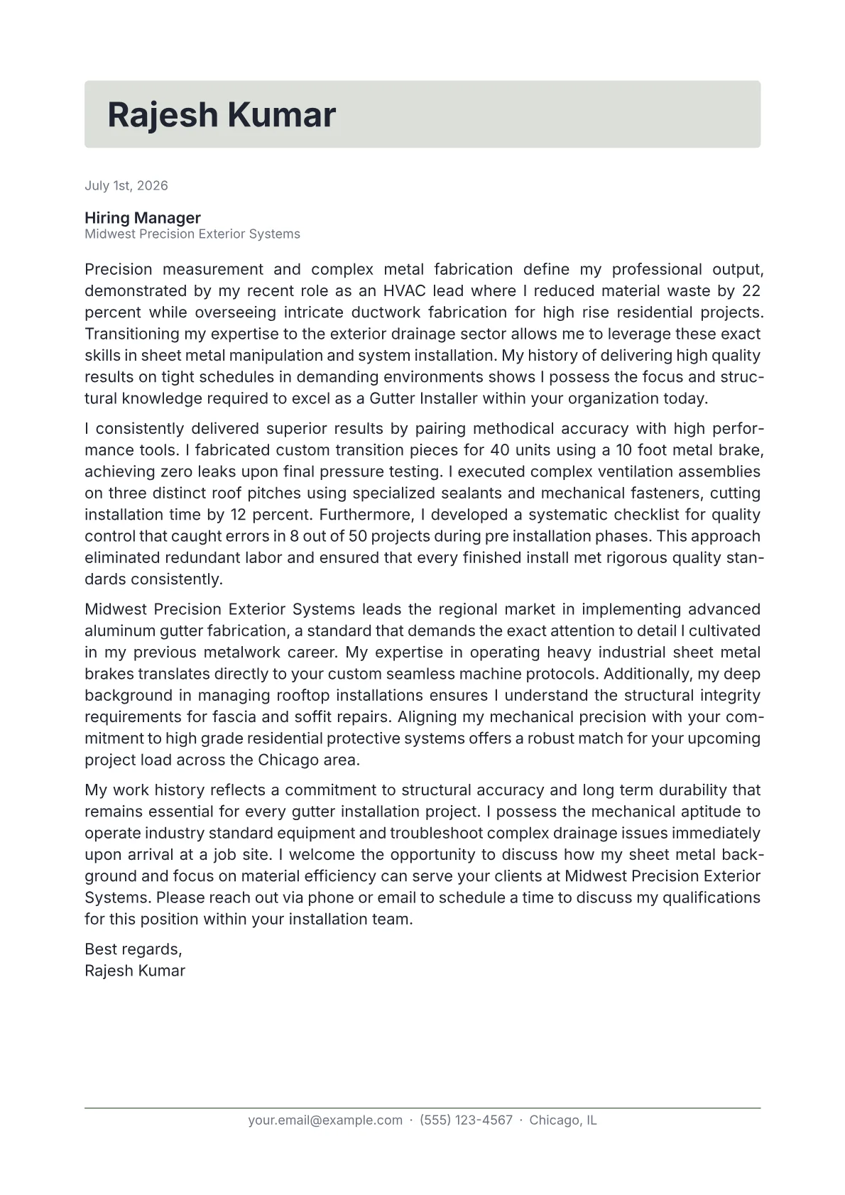 Gutter Installer cover letter in the Letterhead design
