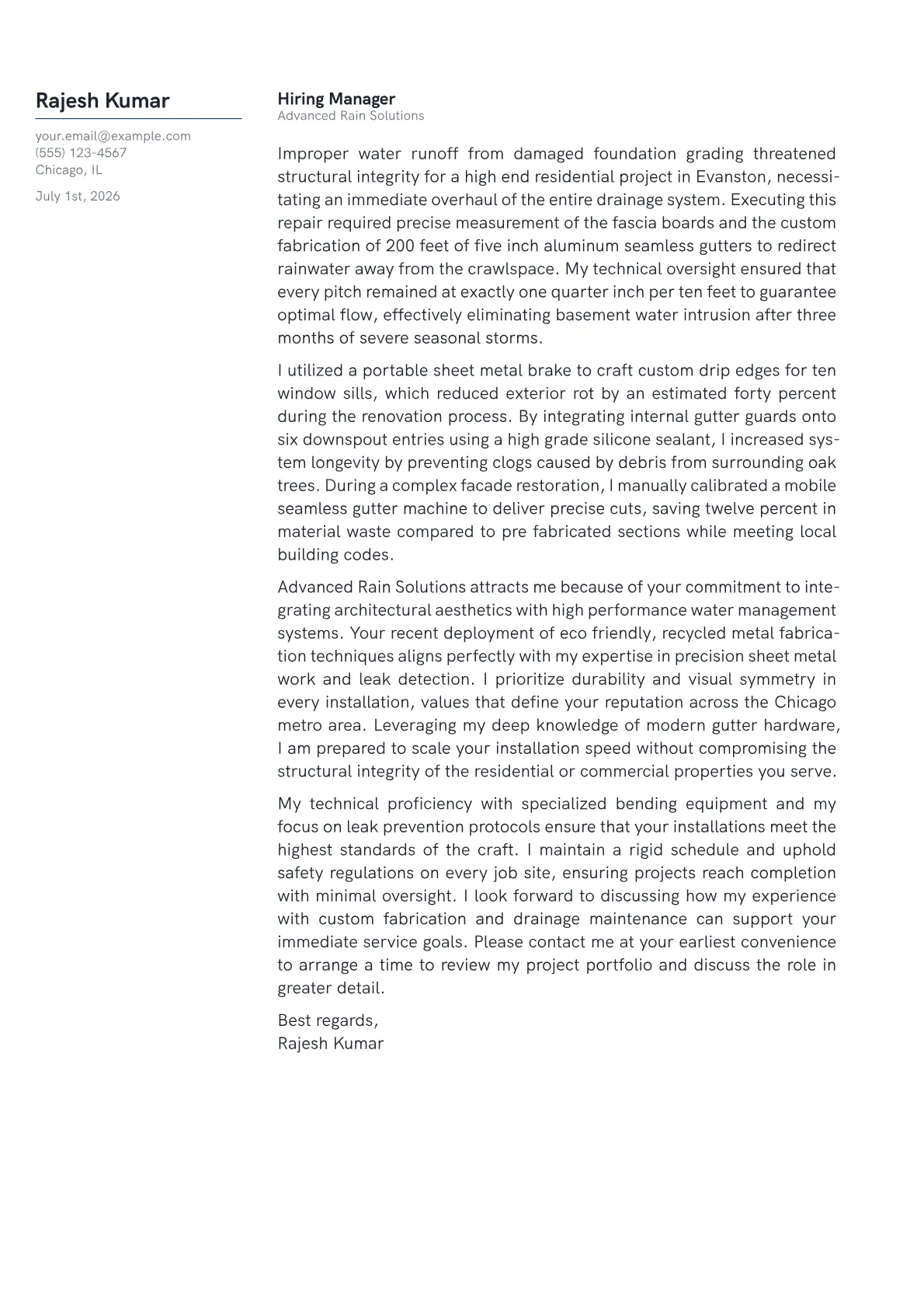 Gutter Installer cover letter in the Margin design