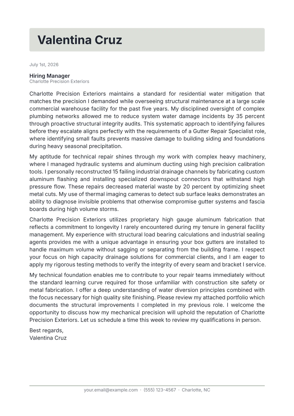 Gutter Repair Specialist cover letter in the Letterhead design