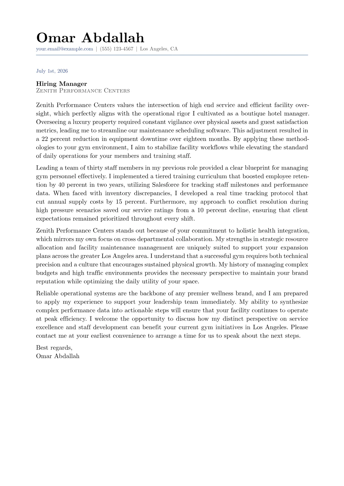 Gym Manager cover letter in the Classic design