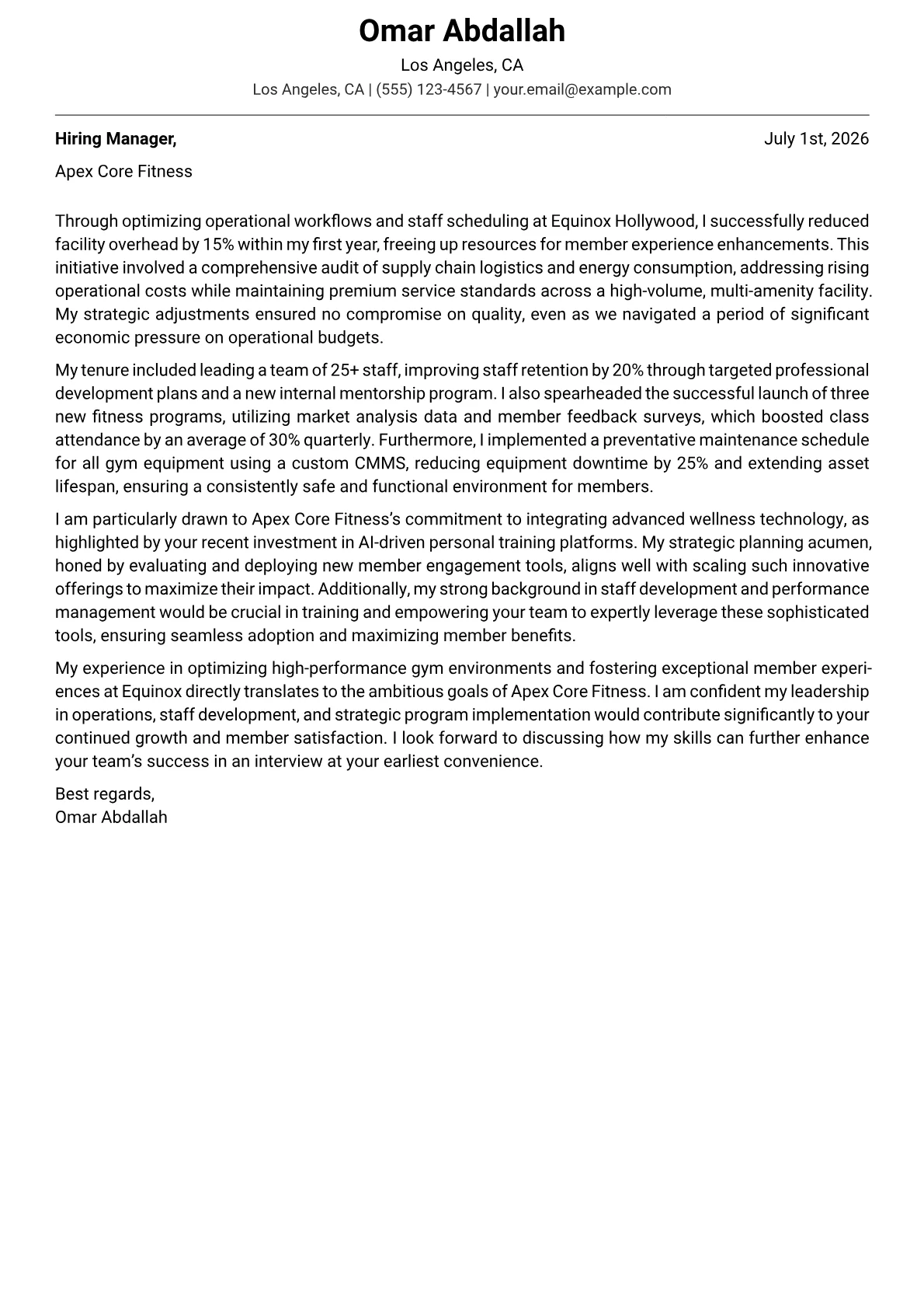 Gym Manager cover letter formatted with a JobSprout template