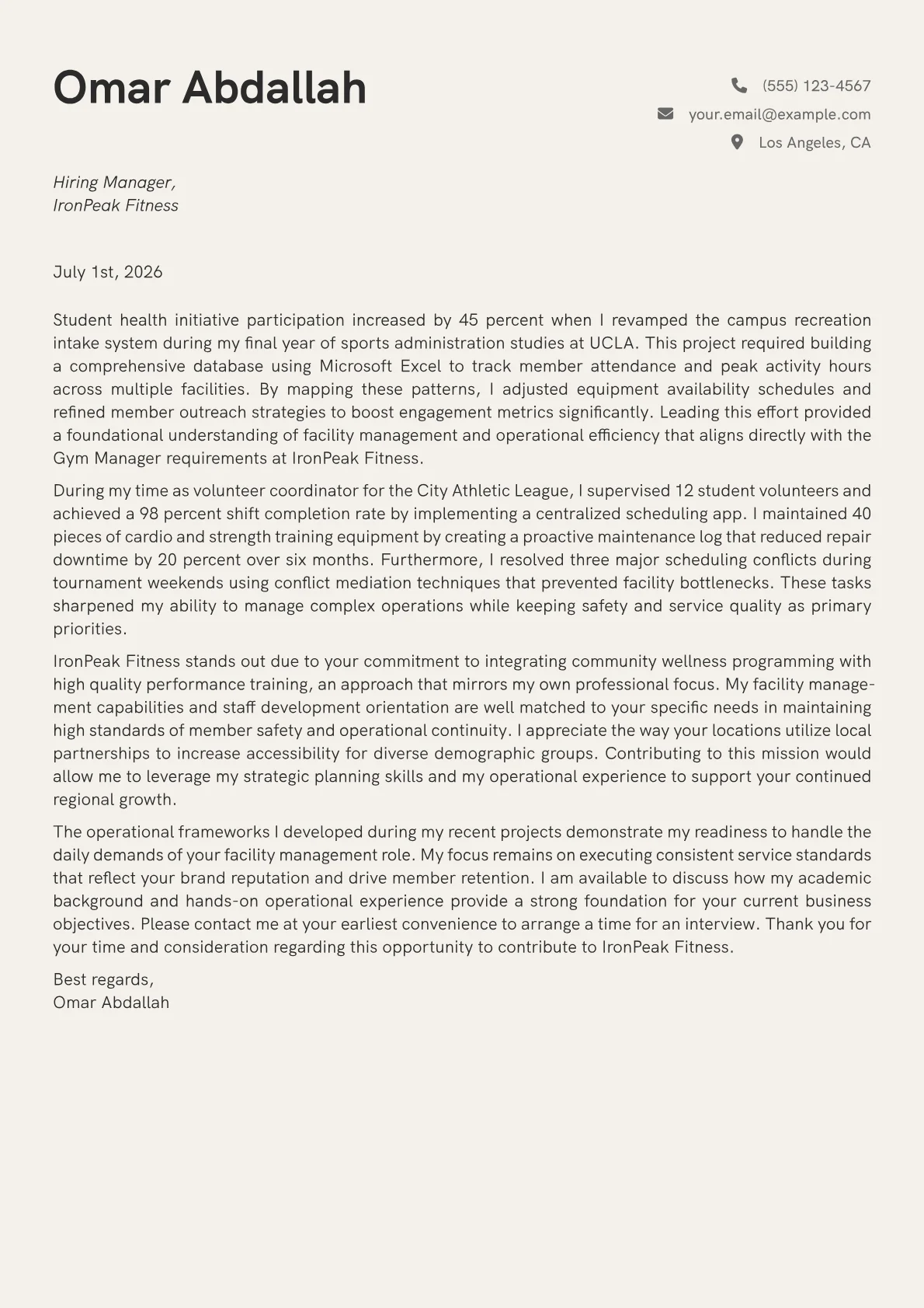 Gym Manager cover letter in the Creative design
