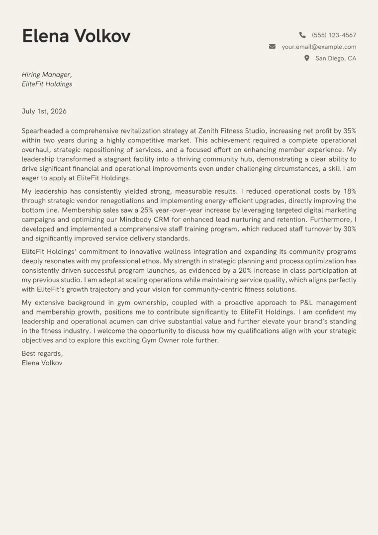 Gym Owner cover letter example preview