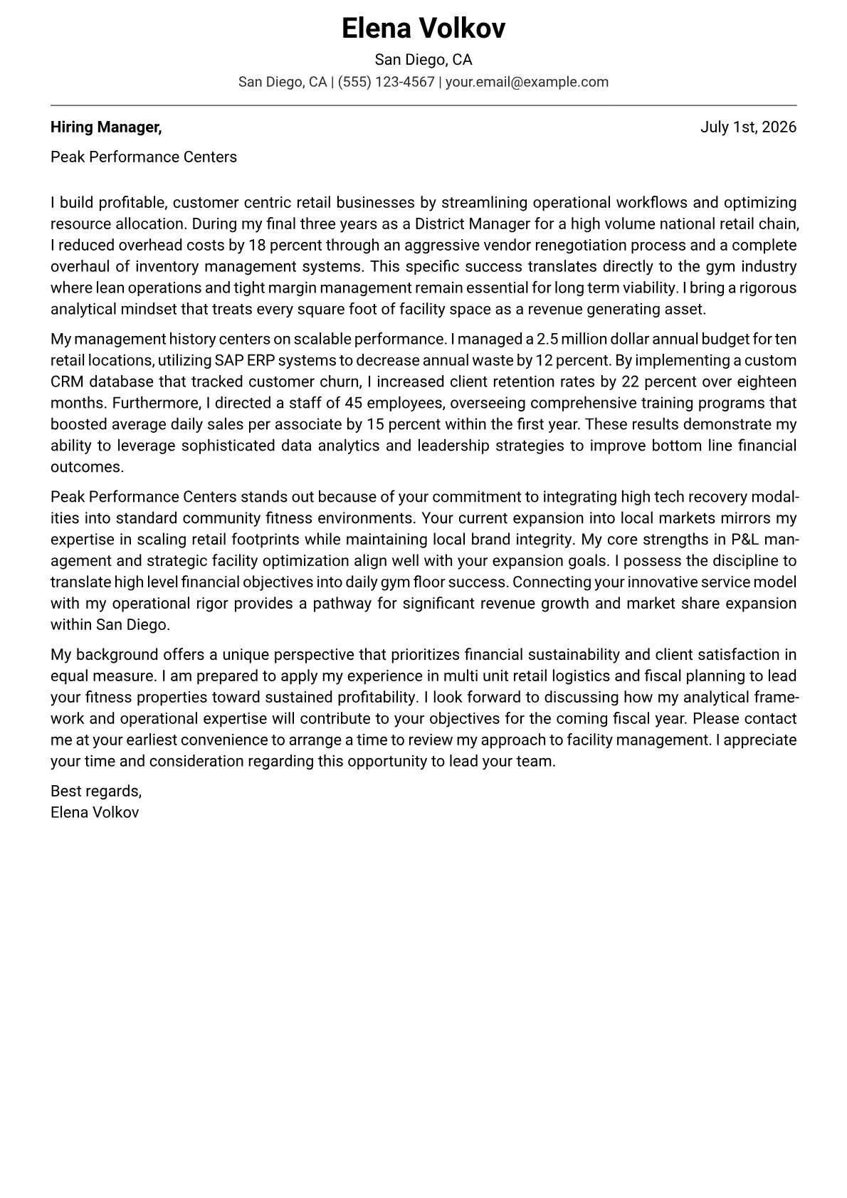 Gym Owner cover letter in the Modern design