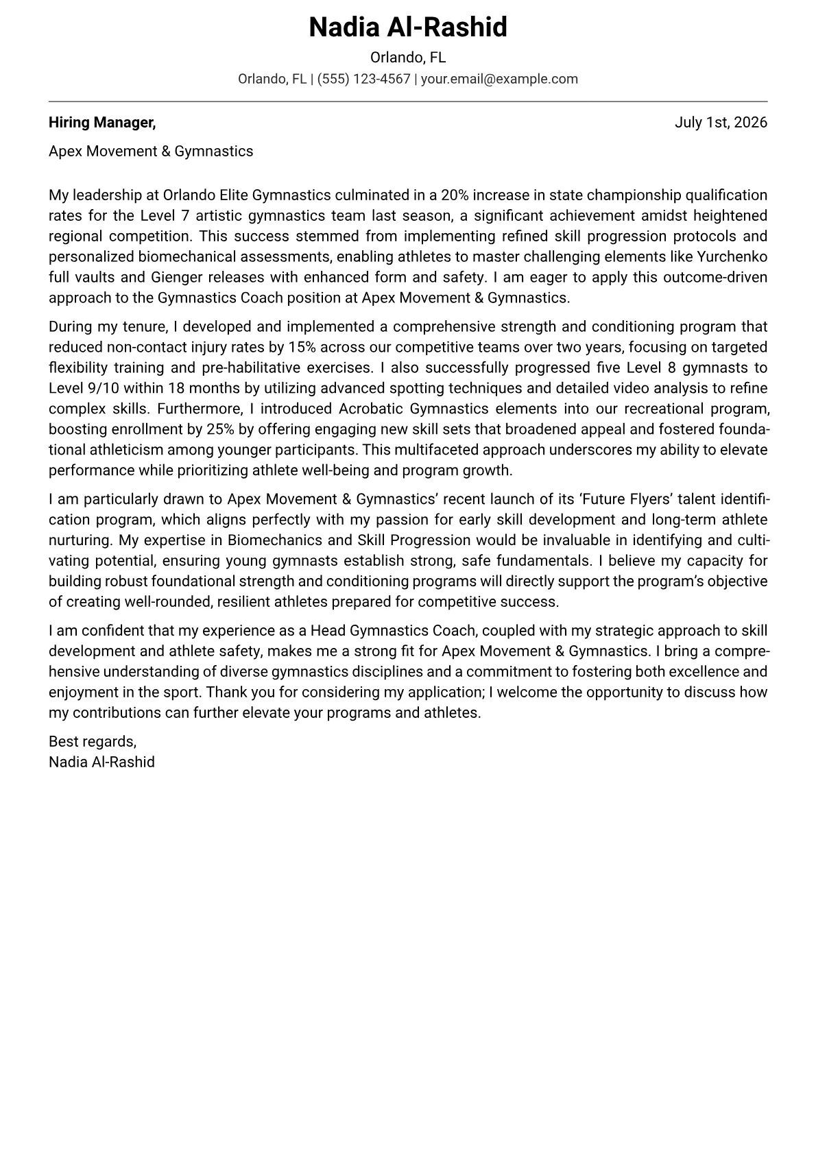 Gymnastics Coach cover letter formatted with a JobSprout template