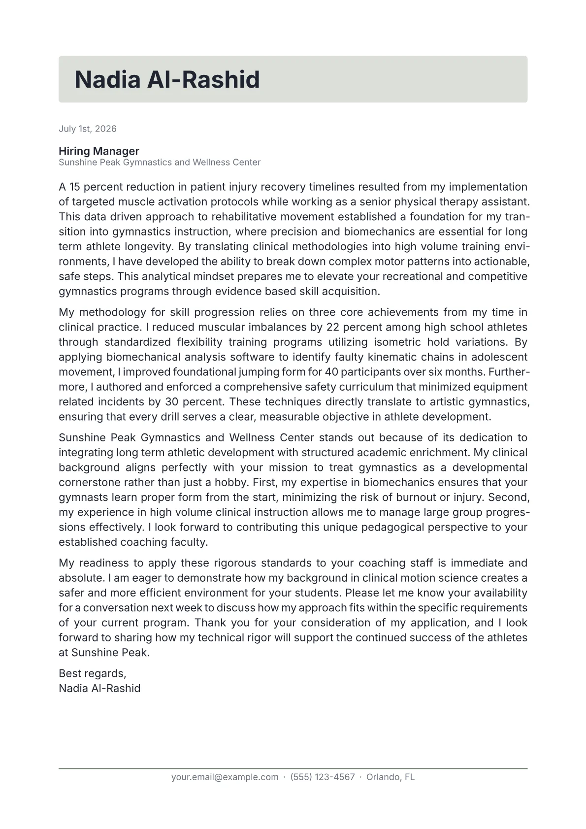 Gymnastics Coach cover letter in the Letterhead design