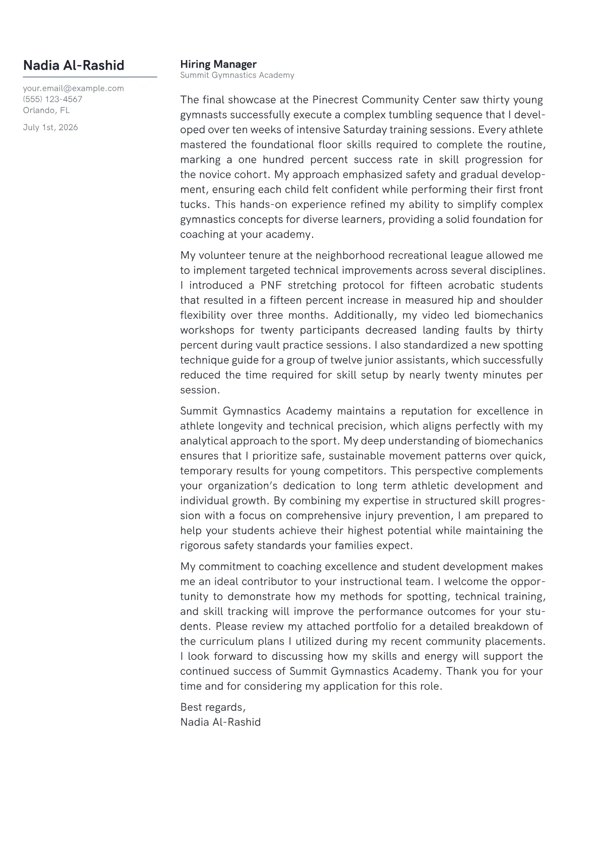 Gymnastics Coach cover letter in the Margin design