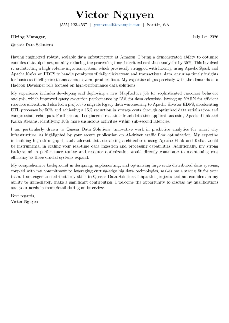 Hadoop Developer cover letter example preview