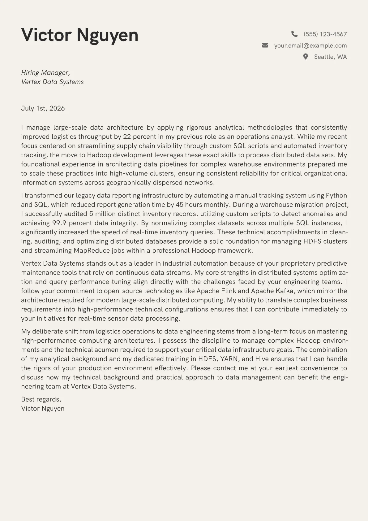 Hadoop Developer cover letter in the Creative design