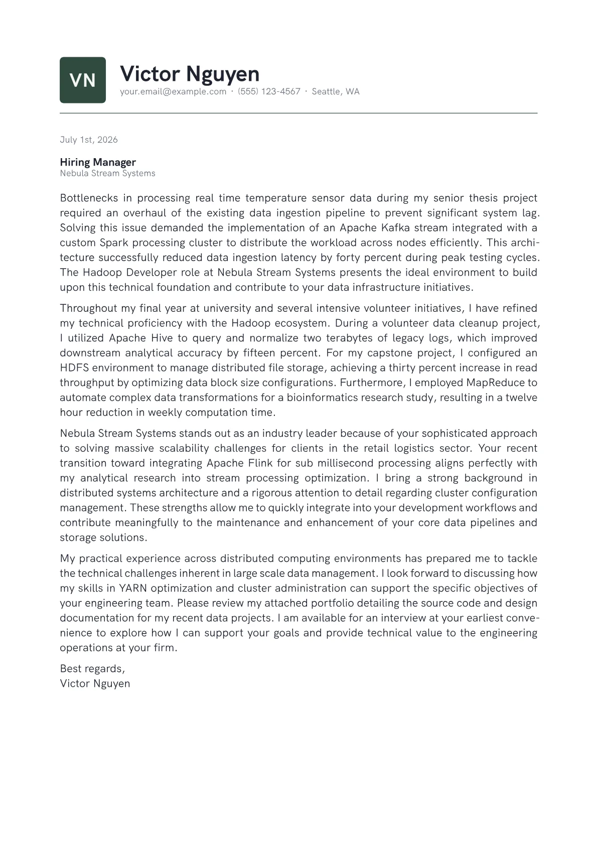Hadoop Developer cover letter in the Emblem design