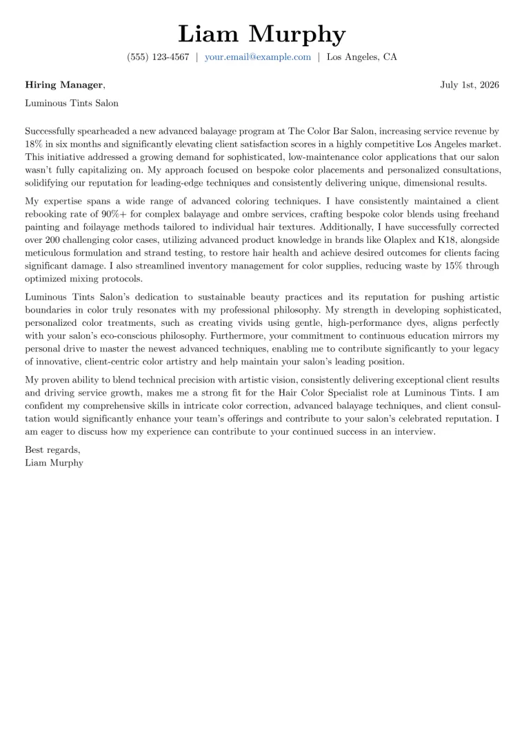 Hair Color Specialist Cover Letter Example