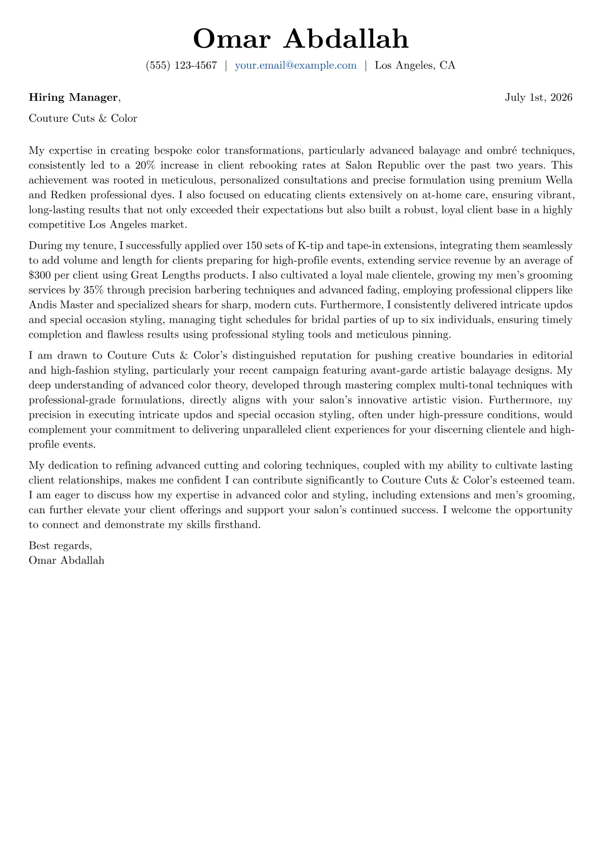 Hair Stylist cover letter formatted with a JobSprout template