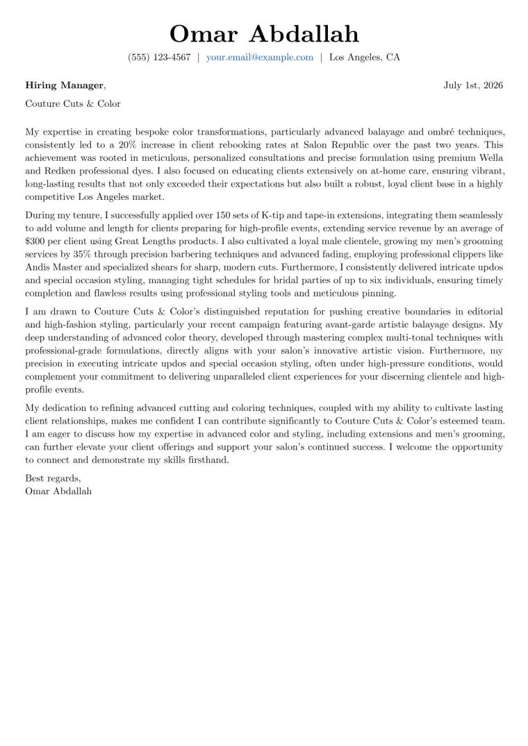 Hair Stylist Cover Letter Example