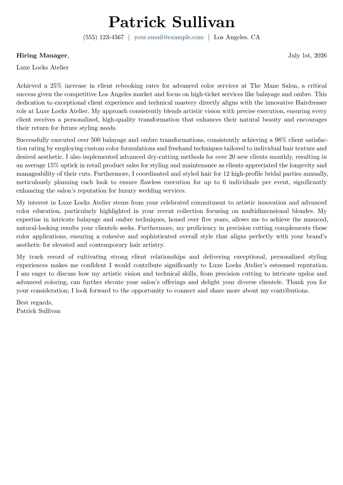 Hairdresser cover letter formatted with a JobSprout template