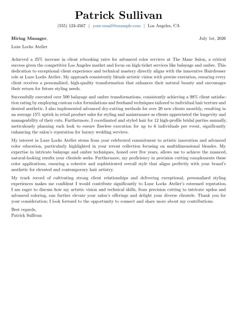 Hairdresser Cover Letter Example