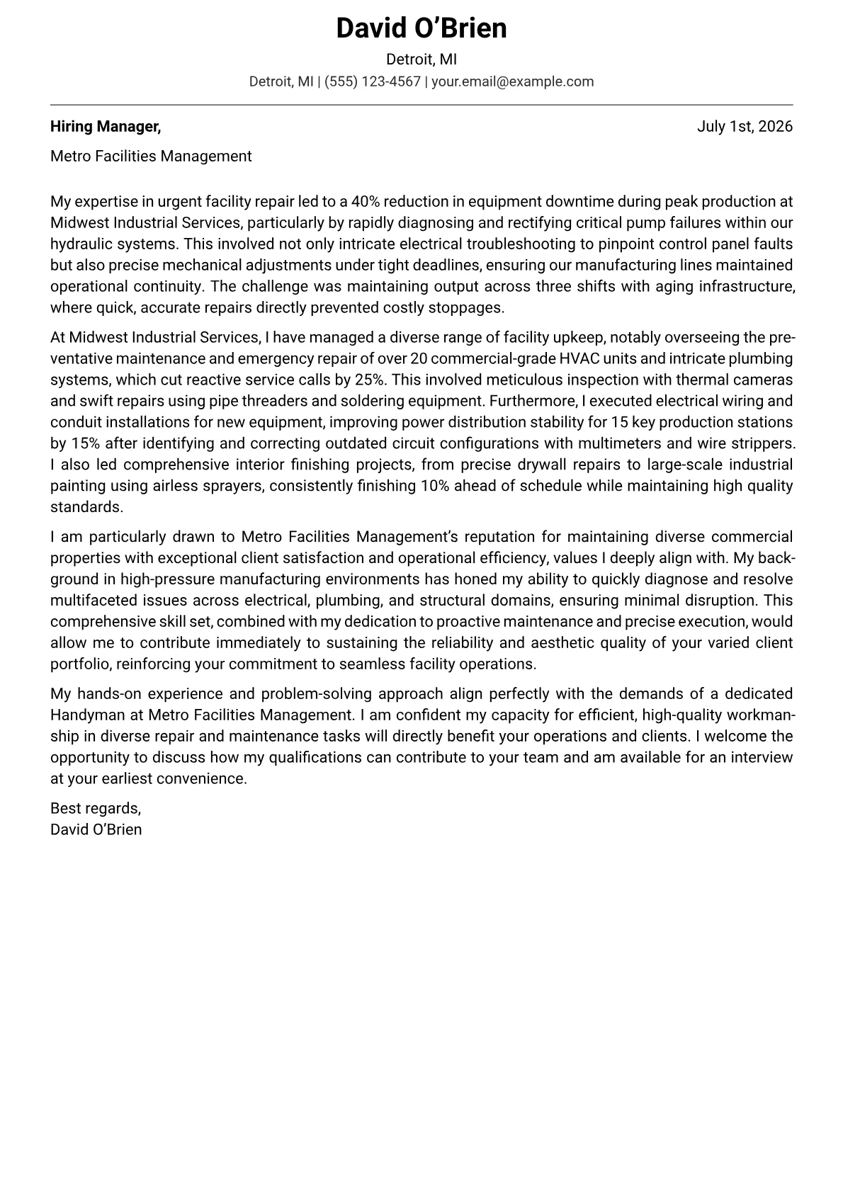 Handyman cover letter formatted with a JobSprout template