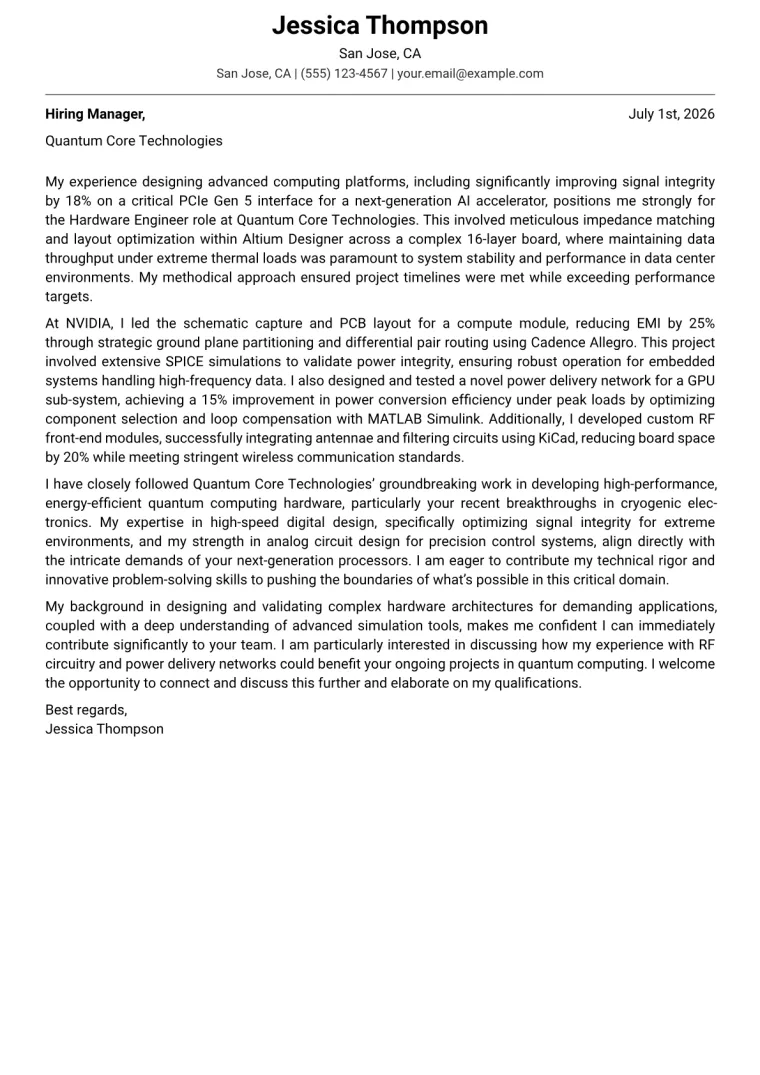 Hardware Engineer cover letter example preview