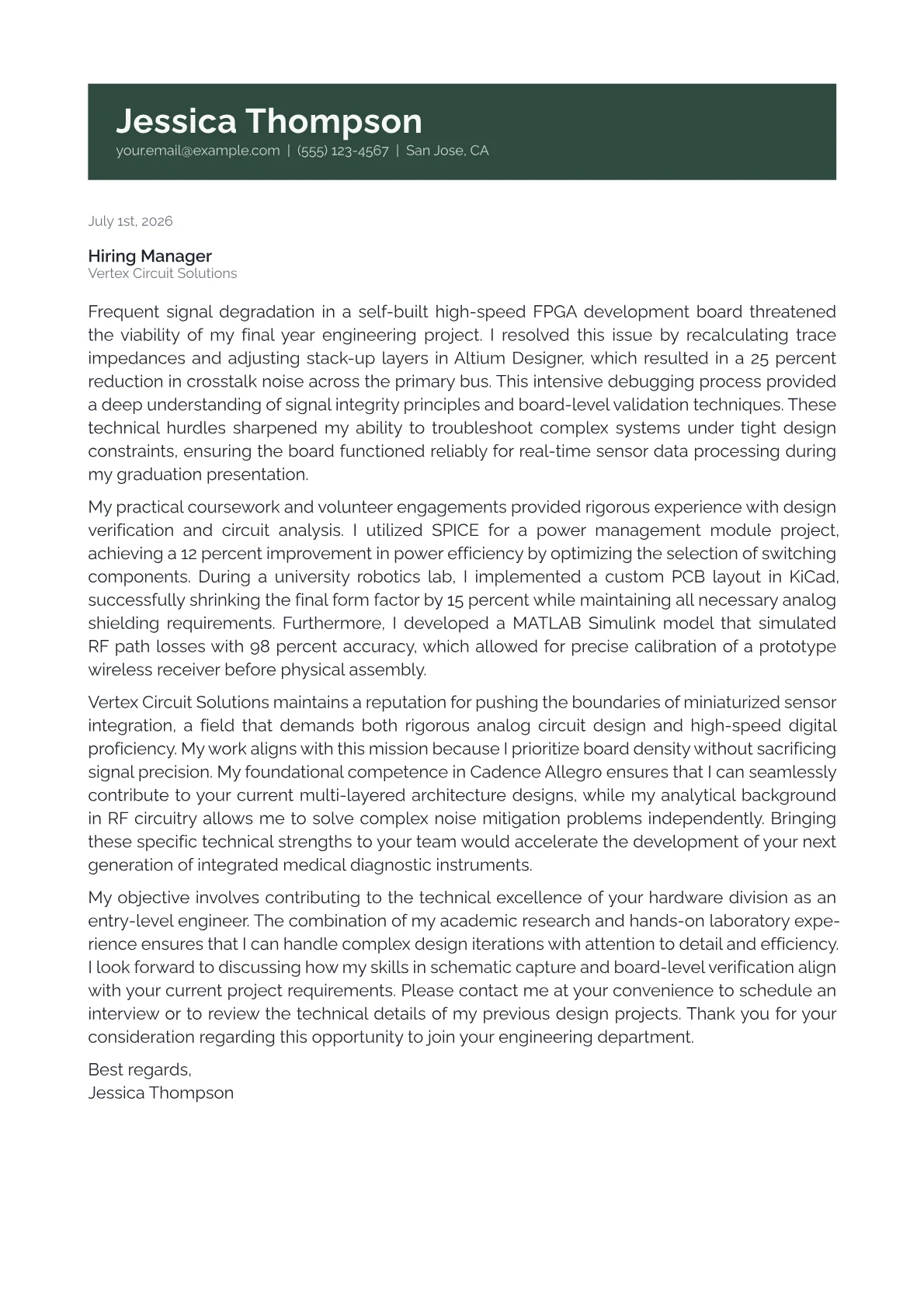 Hardware Engineer cover letter in the Banner design