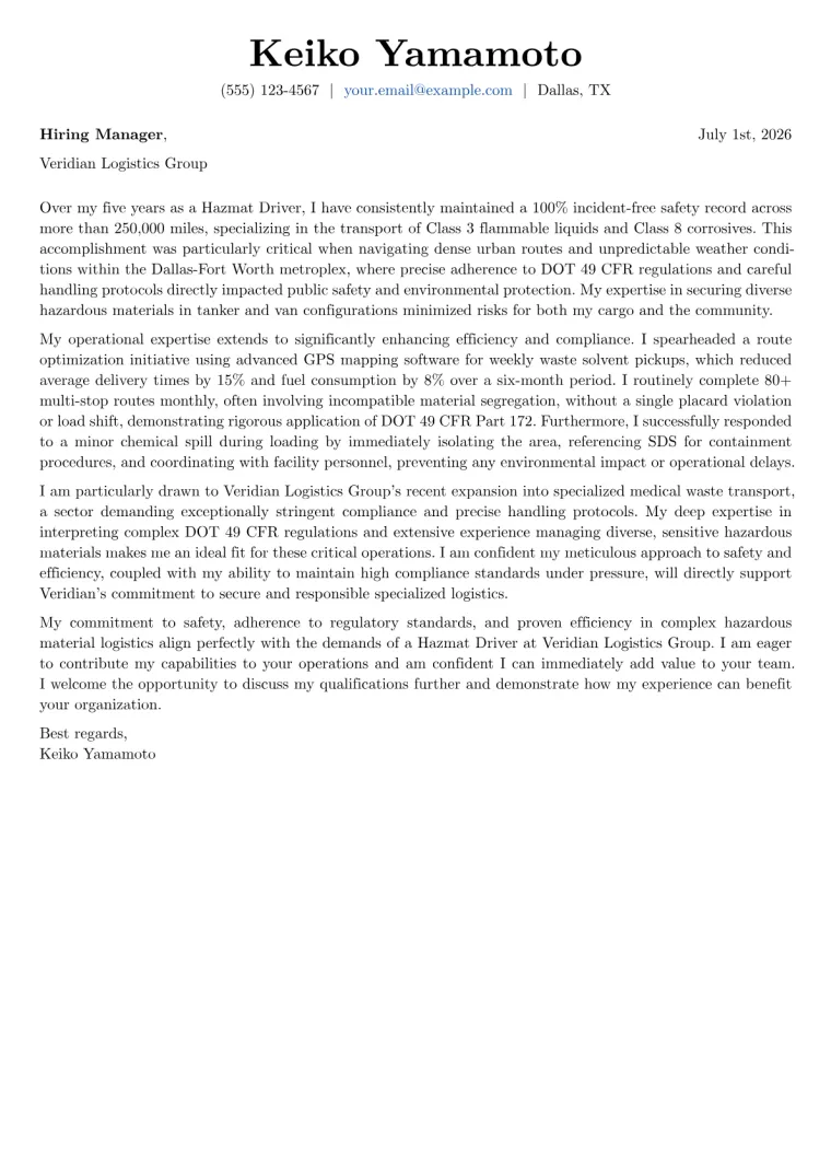 Hazmat Driver Cover Letter Example + Template (2026)