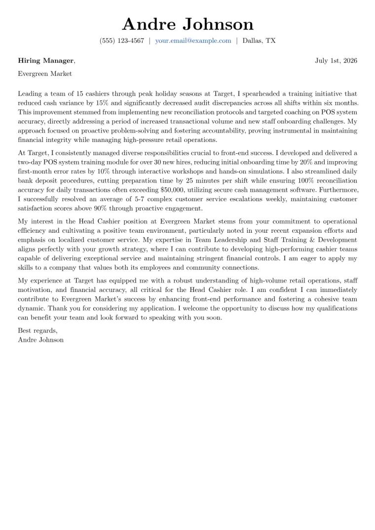 Head Cashier cover letter example preview