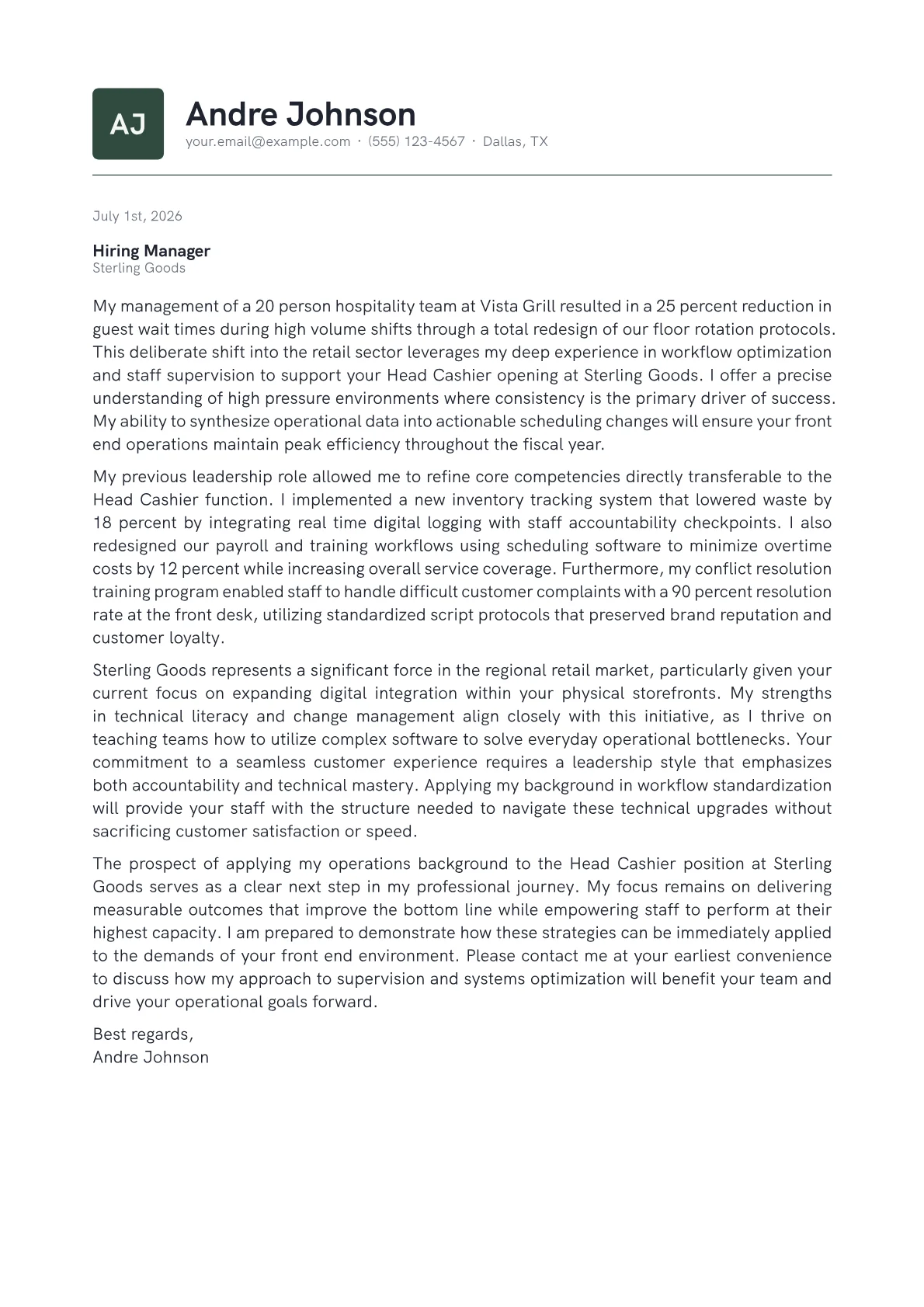Head Cashier cover letter in the Emblem design