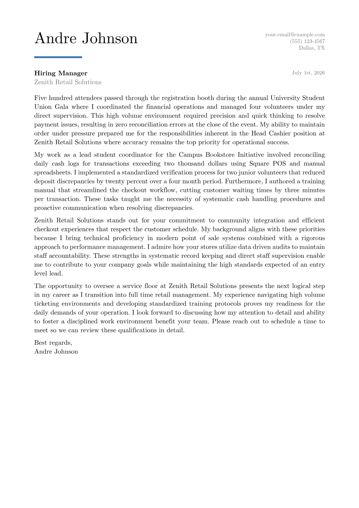 Head Cashier cover letter in the Executive design