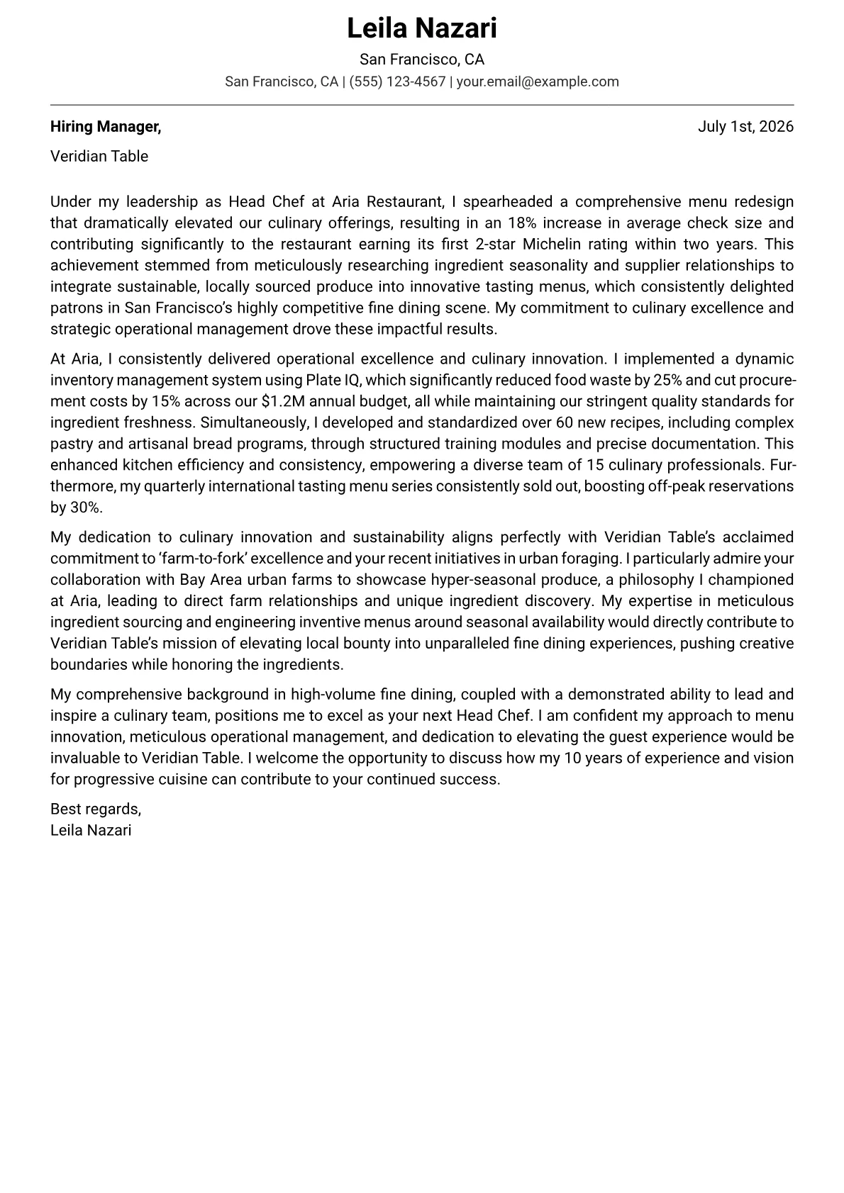Head Chef cover letter formatted with a JobSprout template