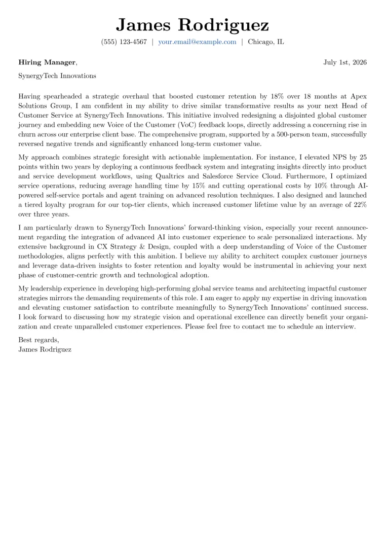 Head of Customer Service cover letter example preview