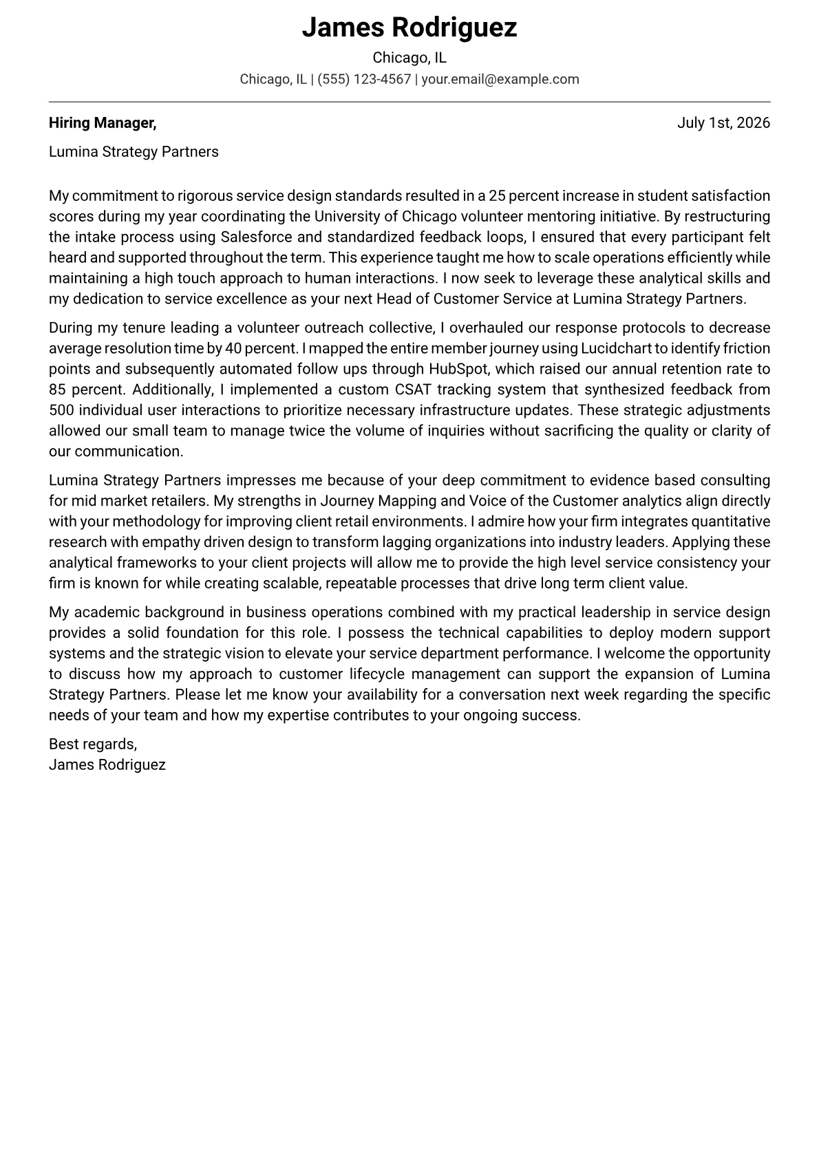 Head of Customer Service cover letter in the Modern design
