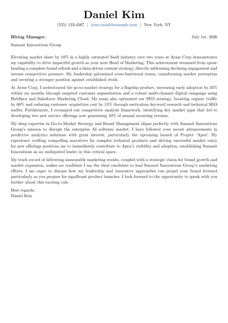 Head of Marketing Cover Letter Example