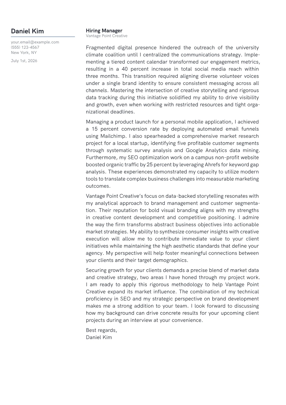 Head of Marketing cover letter in the Margin design