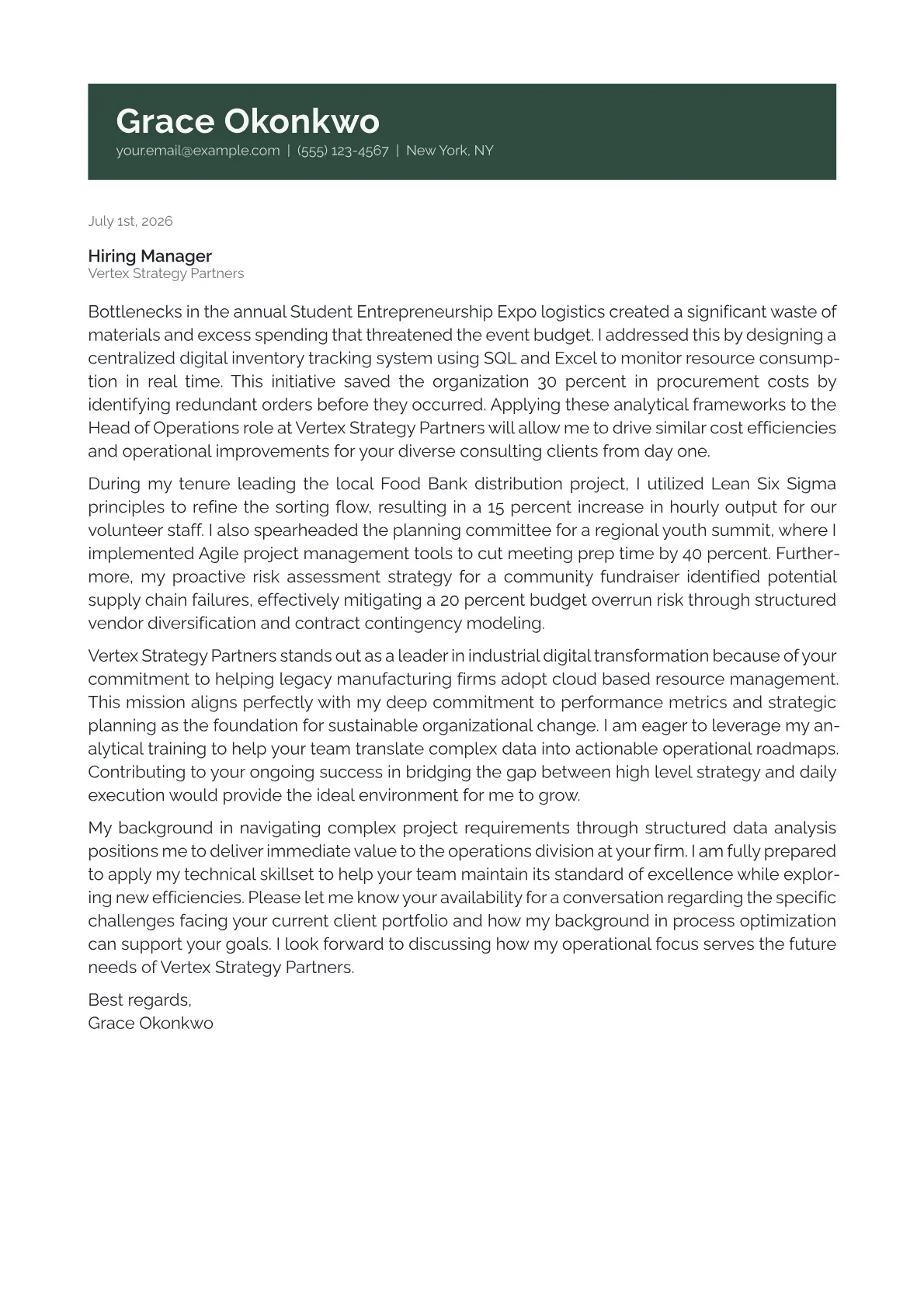 Head of Operations cover letter in the Banner design