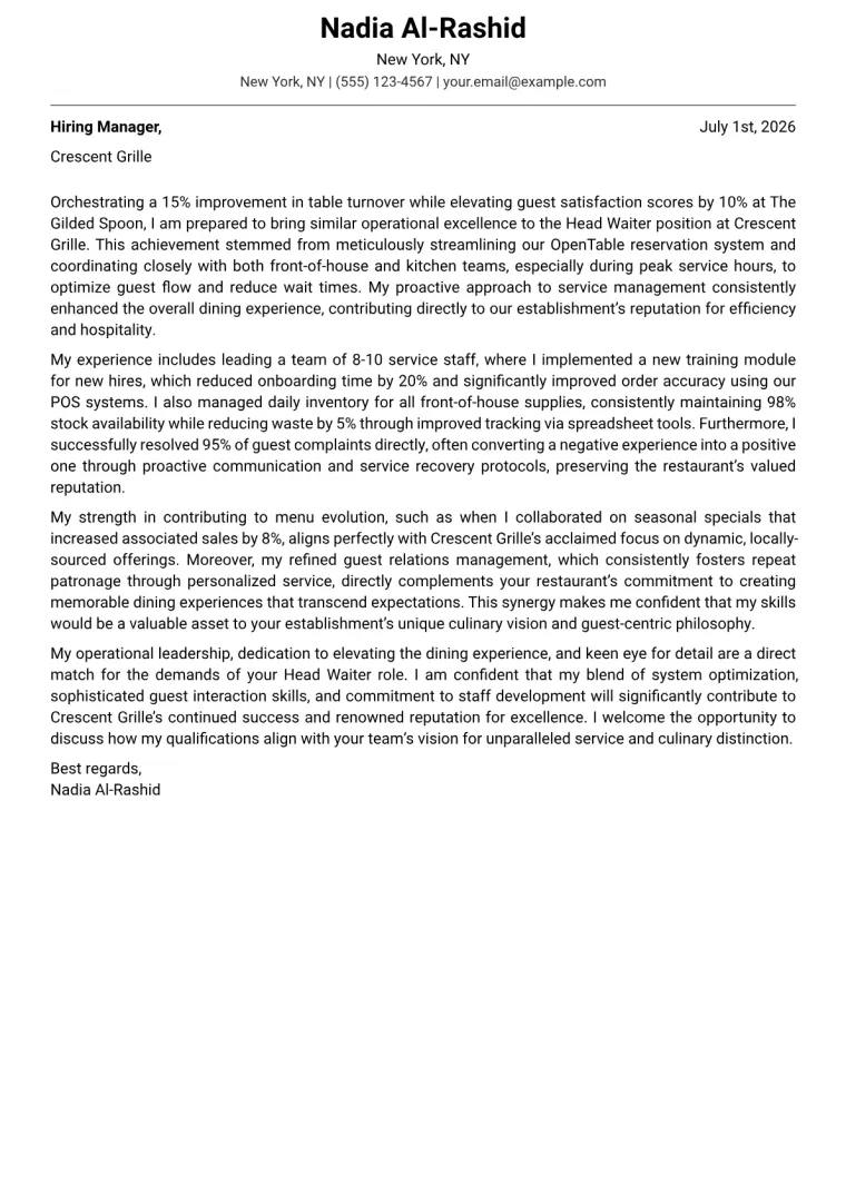 Head Waiter cover letter example preview