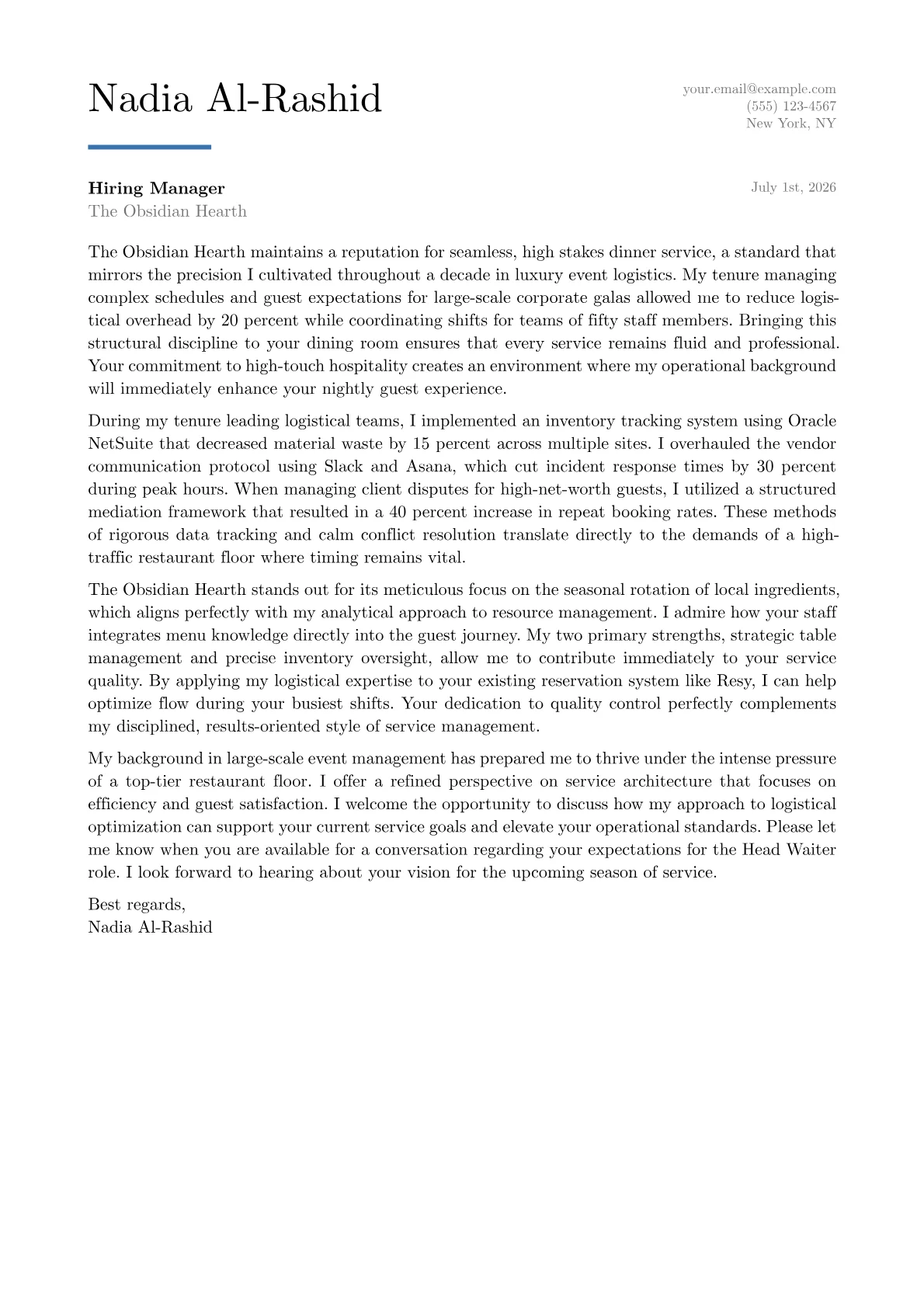 Head Waiter cover letter in the Executive design