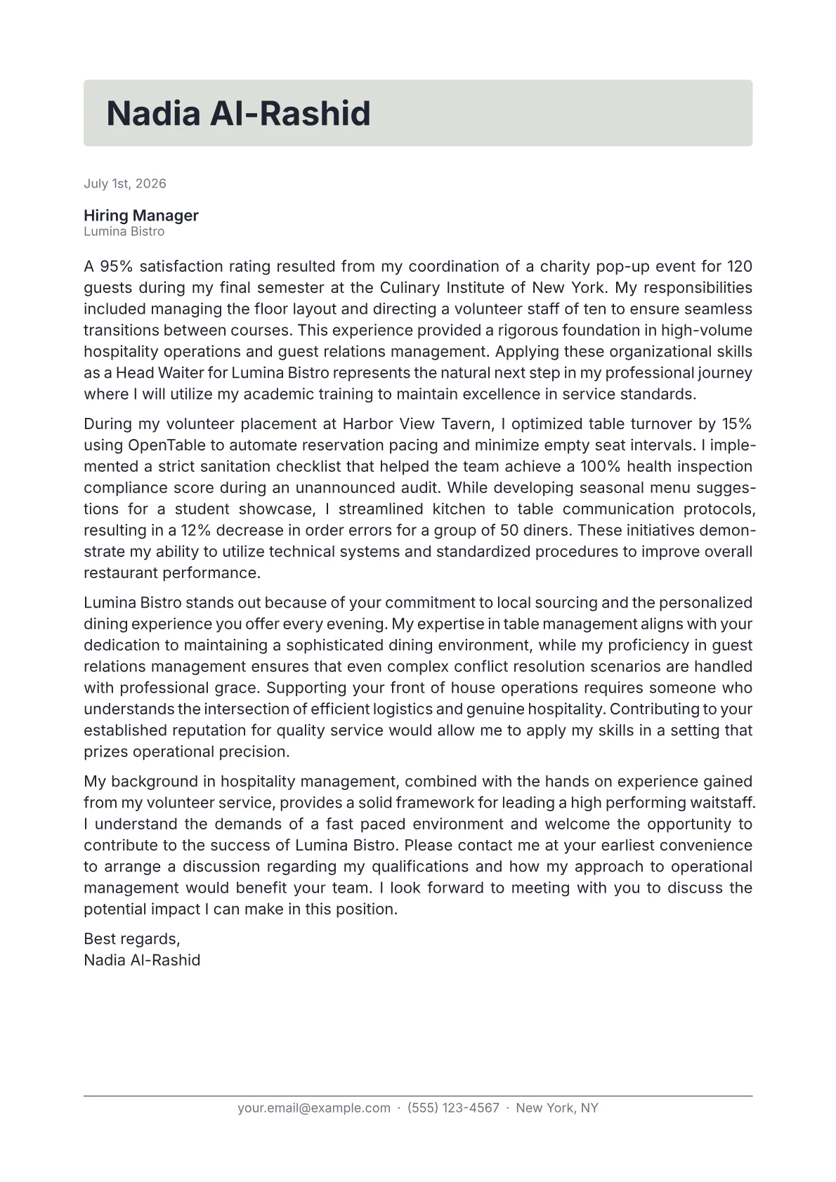 Head Waiter cover letter in the Letterhead design