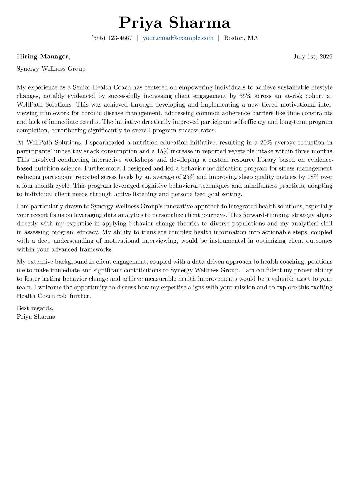 Health Coach cover letter formatted with a JobSprout template