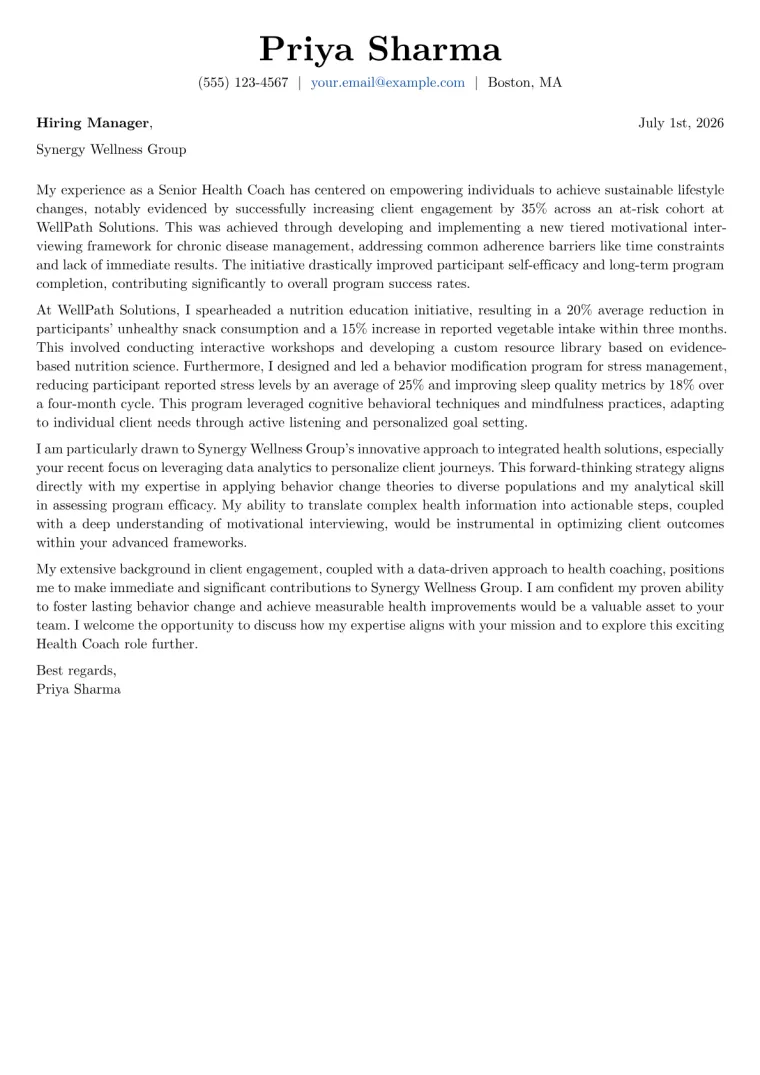 Health Coach cover letter example preview