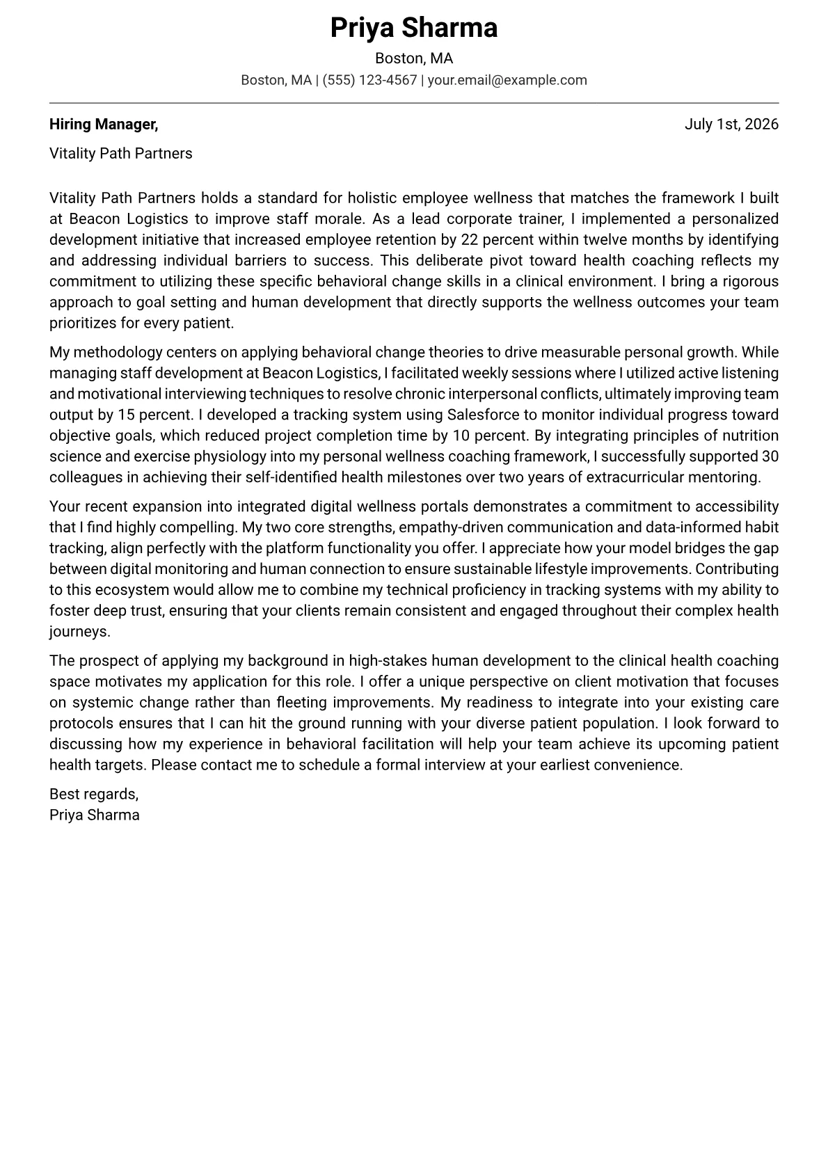Health Coach cover letter in the Modern design