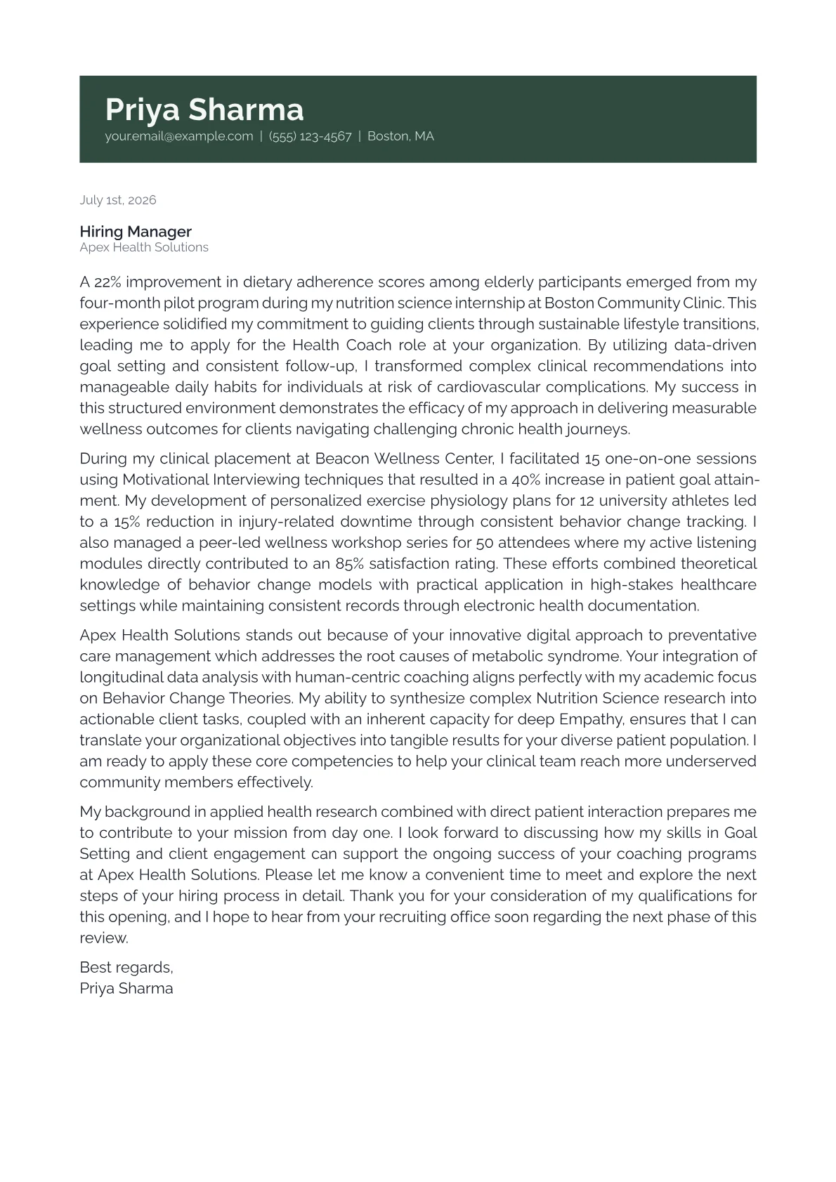 Health Coach cover letter in the Banner design