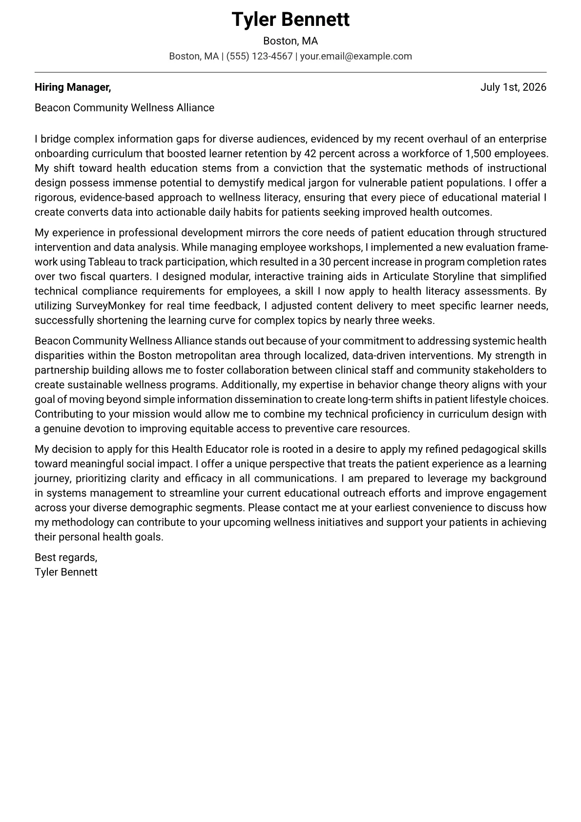 Health Educator cover letter in the Modern design