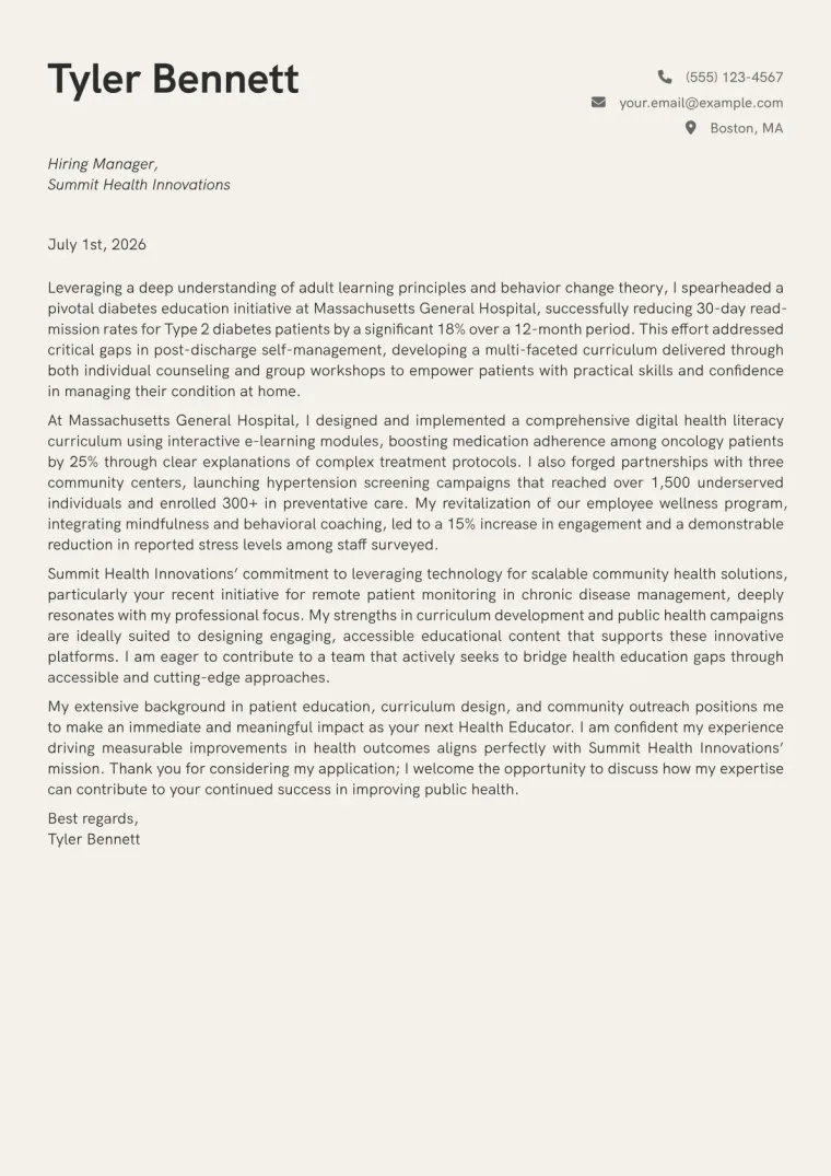Health Educator cover letter example preview