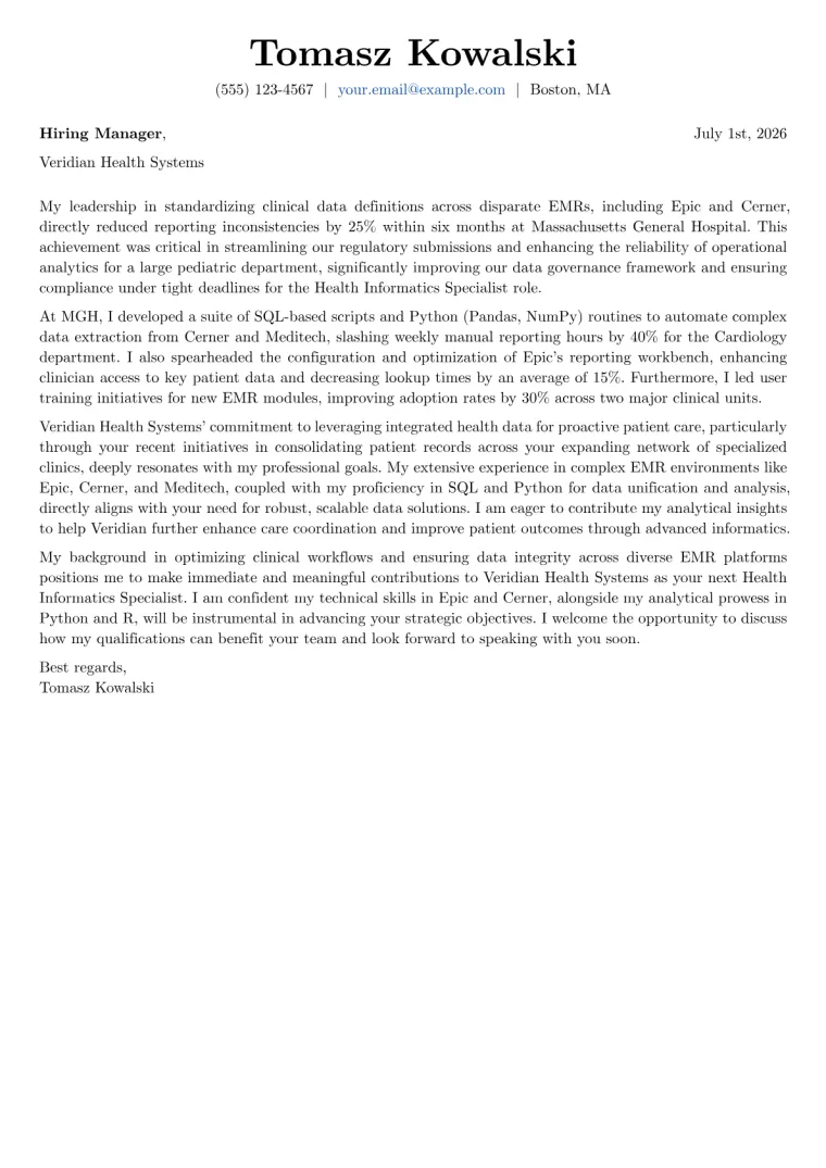 Health Informatics Specialist Cover Letter Example