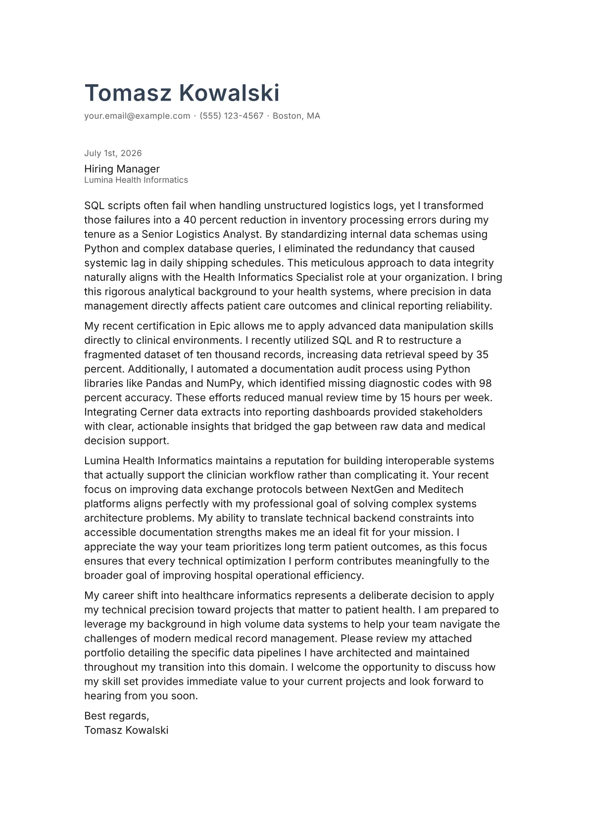 Health Informatics Specialist cover letter in the Minimal design