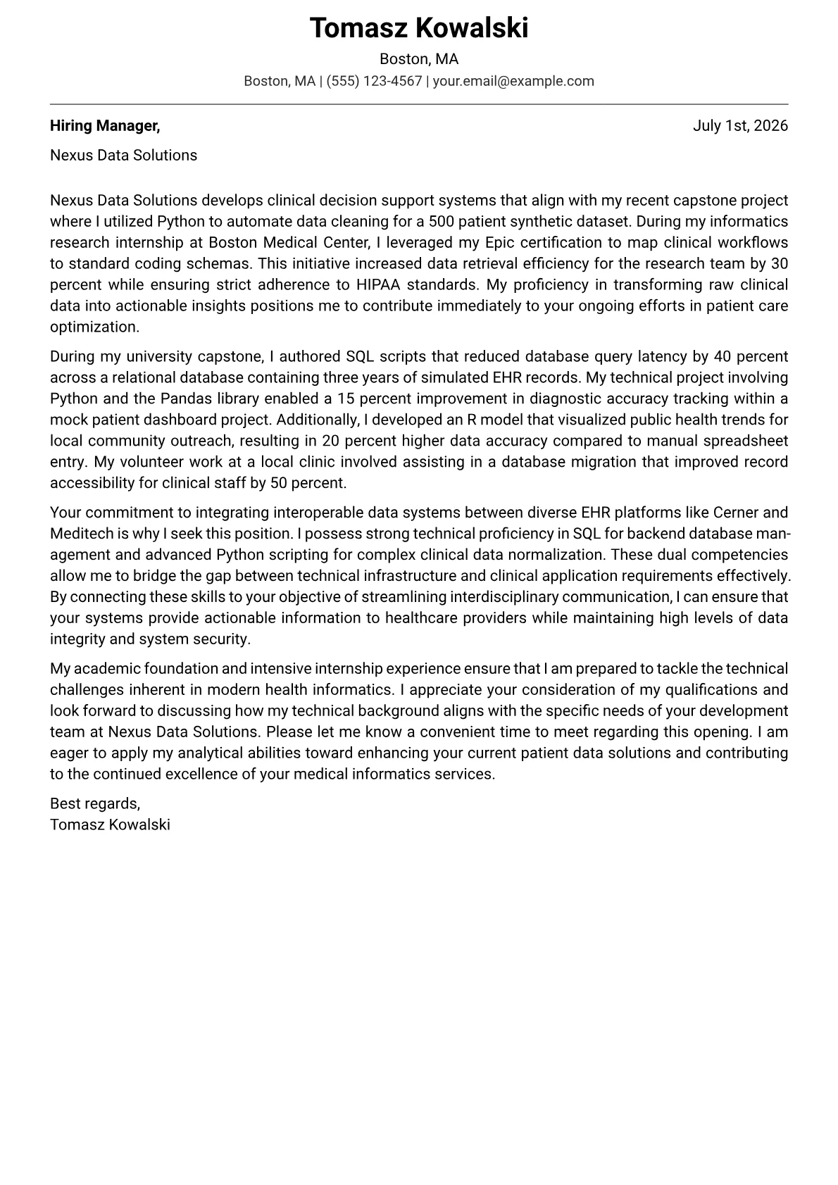 Health Informatics Specialist cover letter in the Modern design