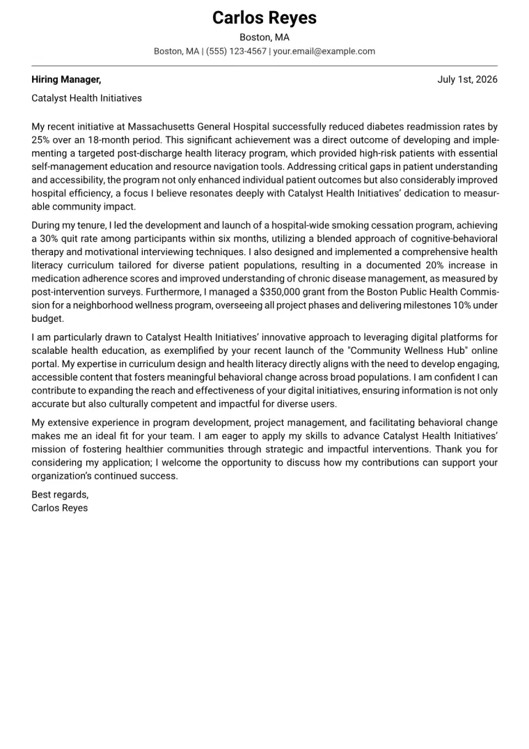Health Promotion Specialist Cover Letter Example