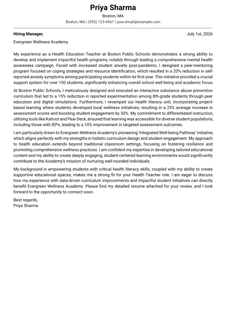 Health Teacher cover letter example preview