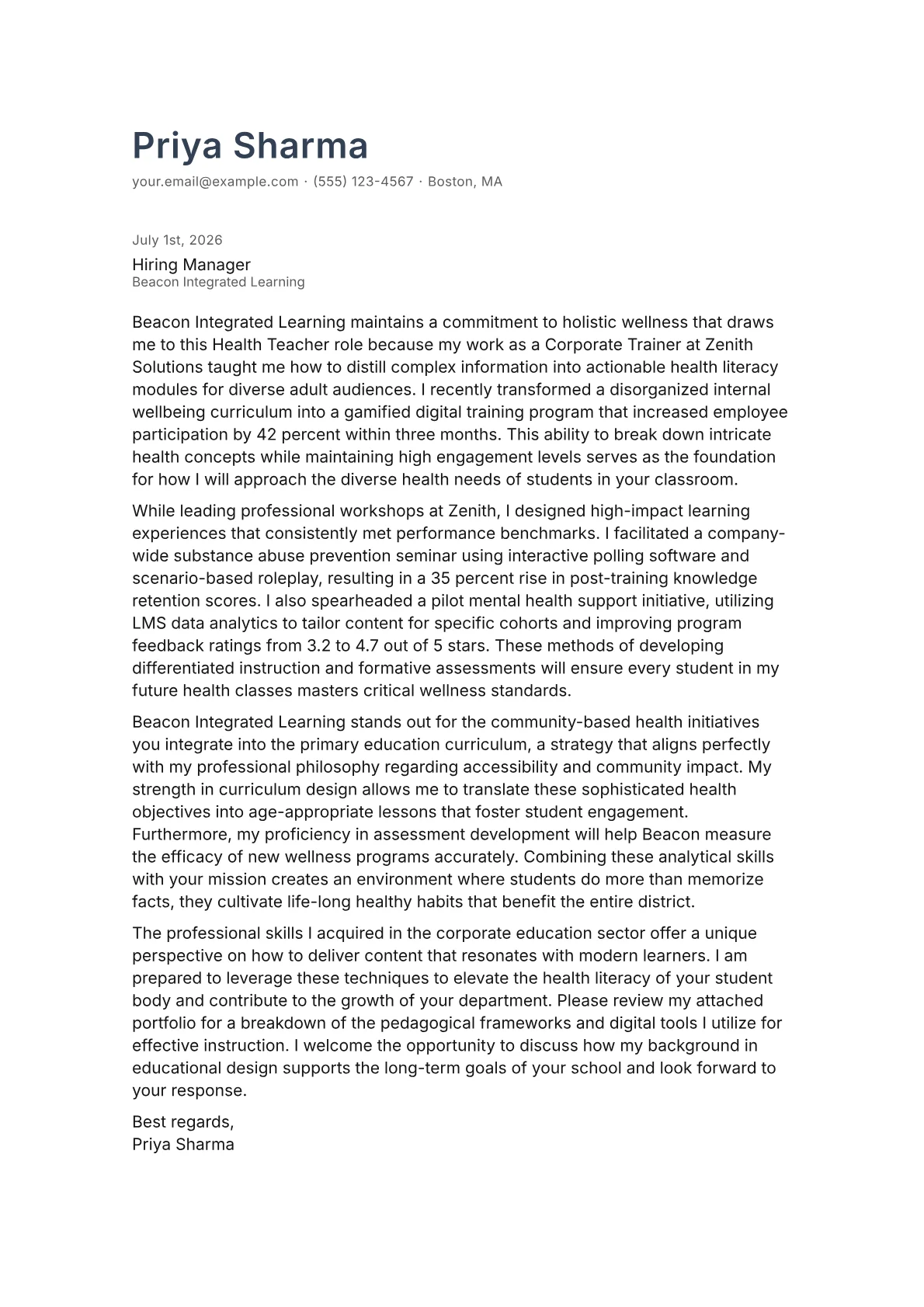 Health Teacher cover letter in the Minimal design