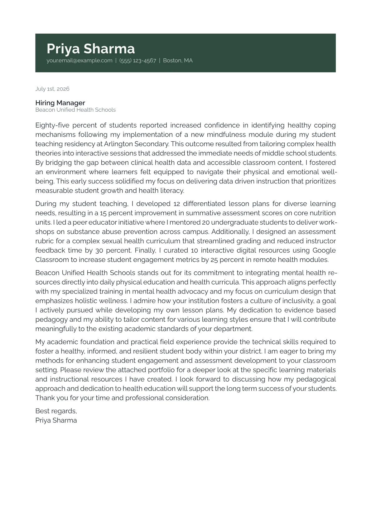 Health Teacher cover letter in the Banner design