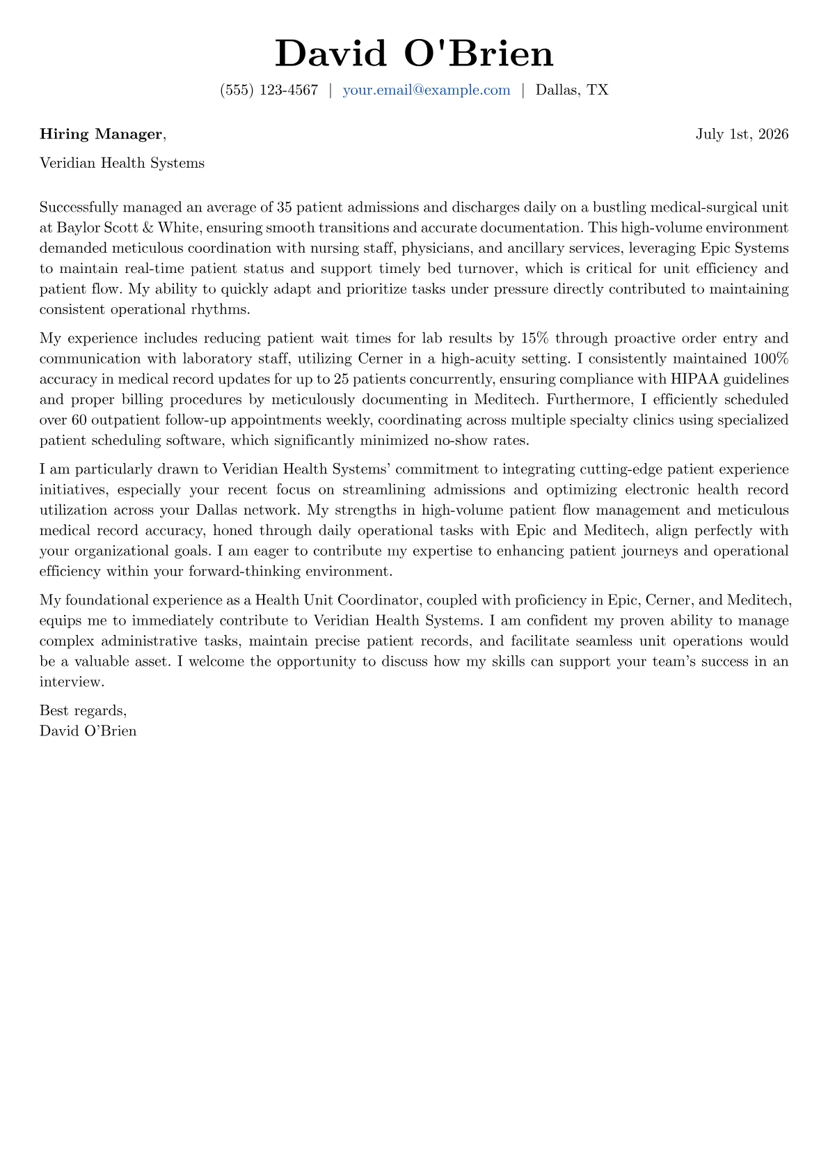 Health Unit Coordinator cover letter formatted with a JobSprout template
